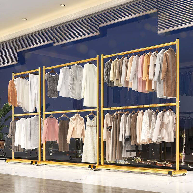 Nordic Minimalist Double-Layer Clothing Store Floor-Standing Clothes Rack with Thickened Double Rods, Foldable Clothes Hanging Rod, Floor-Standing Adjustable Clothes Drying Rack