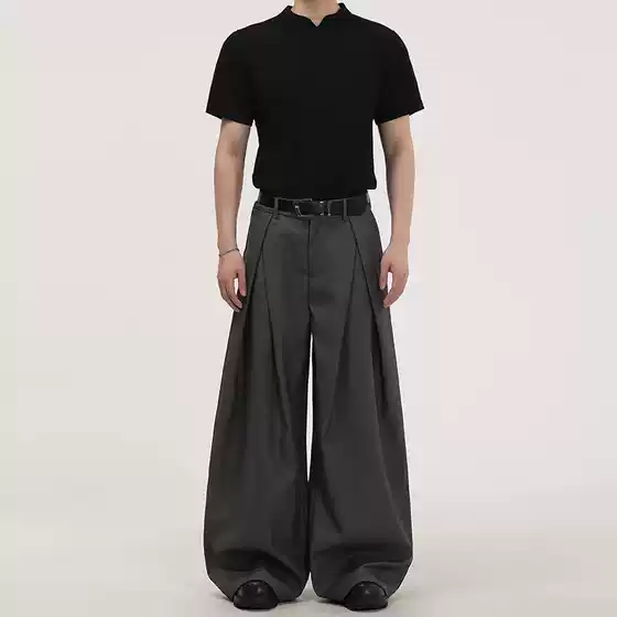 Spring & Autumn New Heavyweight American Vintage Black 3D Pleated Wide-Leg Casual Pants Unisex Design-Feel Trousers