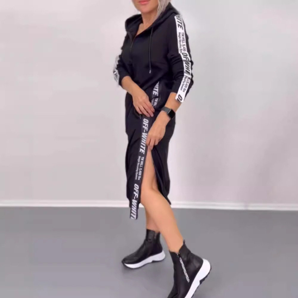 Hooded Long Sleeve Dress Letter Print Split Design Trendy Style Autumn Winter Fashion for Women Wholesale Available