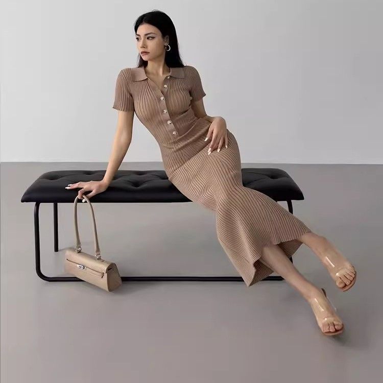 Long Polo Knit Dress Fishtail Hem Slim Fit Short Sleeve Bodycon Style Perfect for Office Wear Wholesale Available