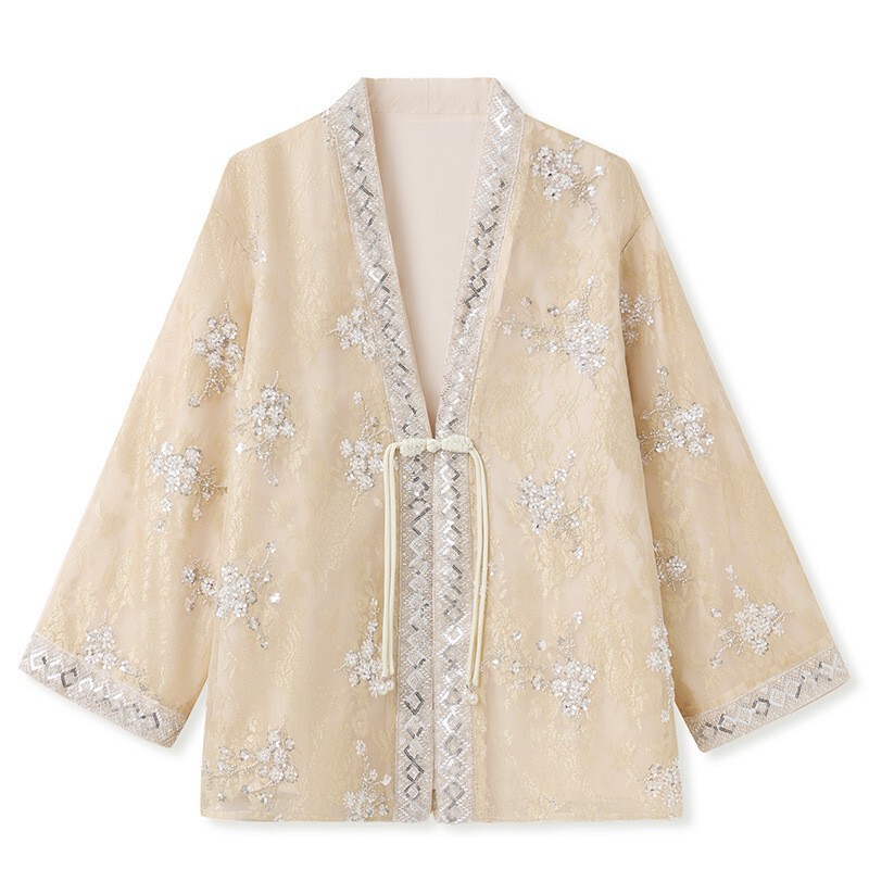 Áo khoác cardigan nữ thêu hoa cài cúc đính hạt cổ chữ V dài tay — Gạo Champagne (giao hàng trong 7 ngày)
