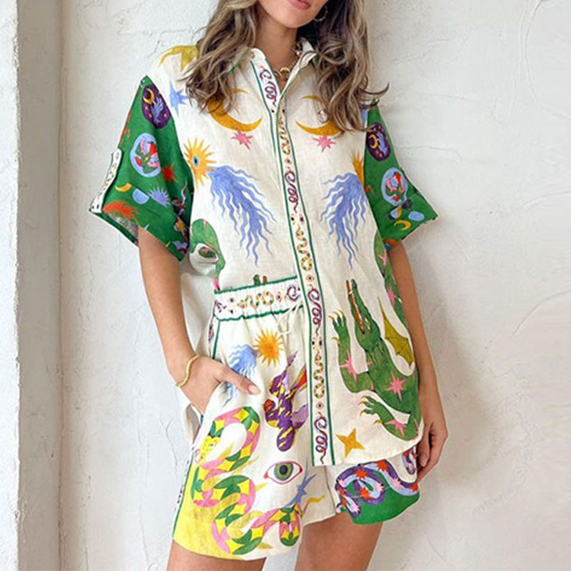 Womens Floral Print Shirt and Tie Front Shorts Set Casual Elegant Style Spring Collection Wholesale Available