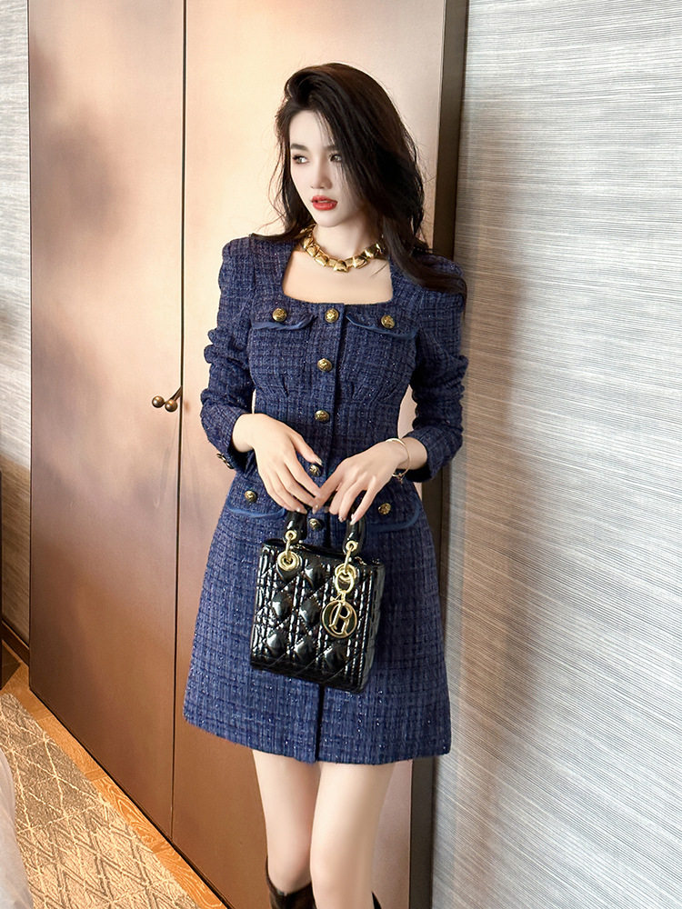 Đầm nữ dáng chữ A cổ vuông thắt eo vải tuýt dài tay — Màu tím xanh lam
