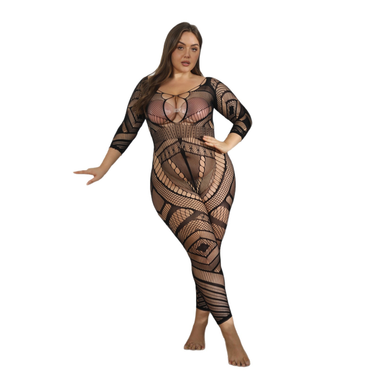 加大码欧美紧身胖妹妹条纹镂空免脱情趣内衣女plus size Lingerie