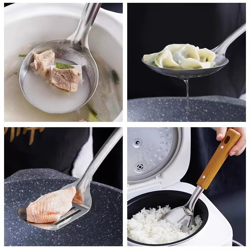 Stainless steel anti-scald handle spatula soup spoon colander imitation wood grain kitchenware suit kitchen household stir-frying spatula thickened