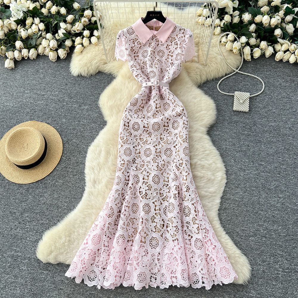 Elegant French Style Midi Dress for Women High End Hollow Lace Slim Fit Flared Hem Autumn Fashion Wholesale