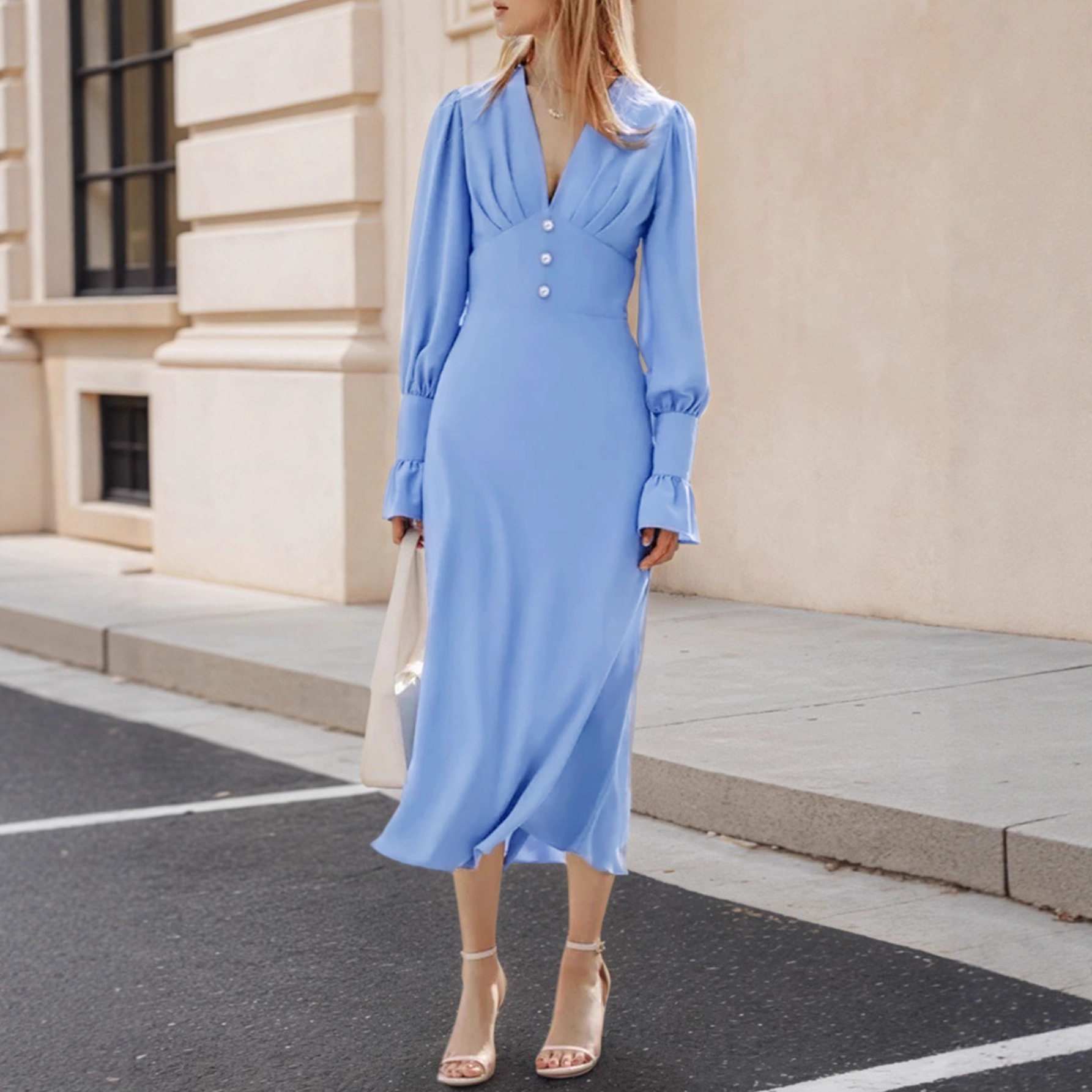 Elegant A Line Dress Deep V Neck Button Detail Waist Cinching Lantern Sleeves Perfect for Office Wear Wholesale