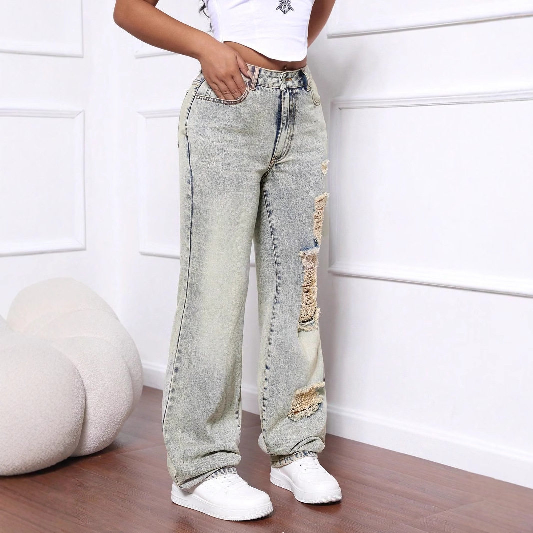 Womens Fashion Distressed Wide Leg Jeans Loose Fit Straight Cut Casual Style Perfect for Everyday Wear Wholesale