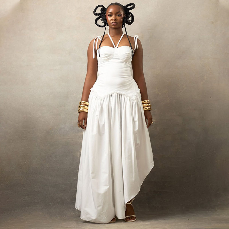 Casual A Line Dress Solid Color Ruched Waist Backless Halter Neck Street Style for Summer Wholesale Available