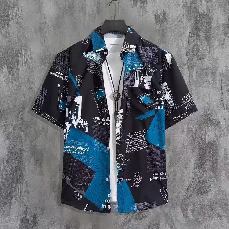 short-sleeved floral shirt men and women trendy retro loose Cuban collar shirt