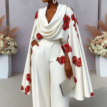 Foreign trade cross-border European and American women's clothing independent station new printed pile collar long sleeve two-piece pants suit