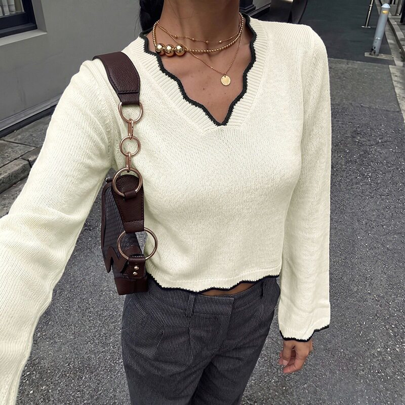 Color Block V Neck Sweater Korean Style Casual Wave Edge Perfect for Fall Winter Wholesale Available