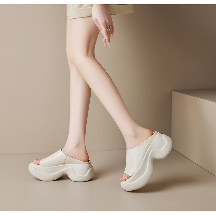 Dép sandal nữ quai ngang đế dày tăng chiều cao 8cm — Màu đen, Màu trắng be