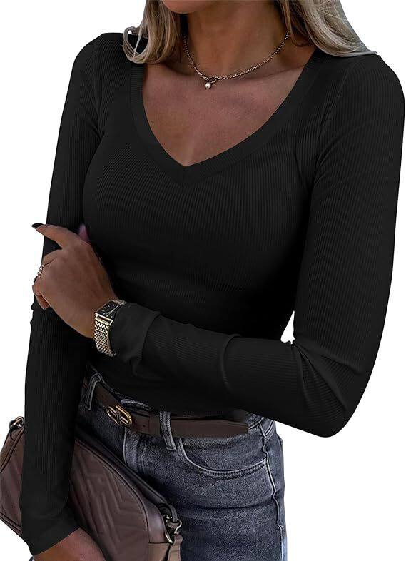 跨境亚马逊新款欧美爆款螺纹坑条修身长款长袖性感V领休 闲女T