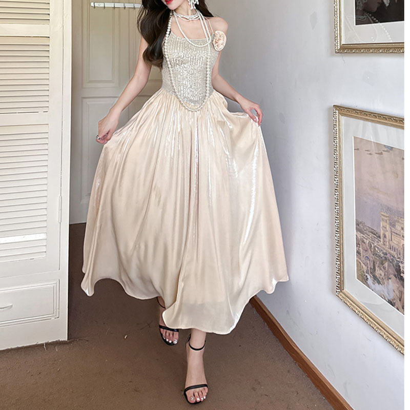 Đầm maxi nữ thắt eo cổ tròn không tay họa tiết 3D hoa nổi — Rượu vang đỏ chi tiết 7