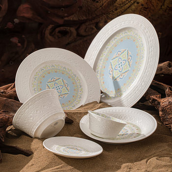 Dunhuang Cultural and Creative Relief Tableware and Dishes Set Home Ceramic Rice Bowl Plate Hotel Western Food Housewarming Gift
