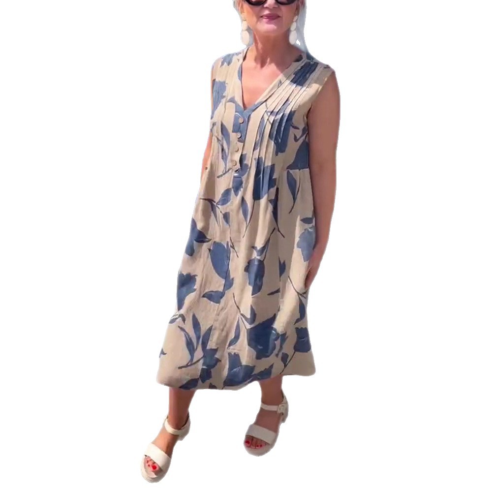 Summer Floral V Neck Button Sleeveless Dress Loose Fit Casual Style Perfect for Everyday Wear Wholesale Available