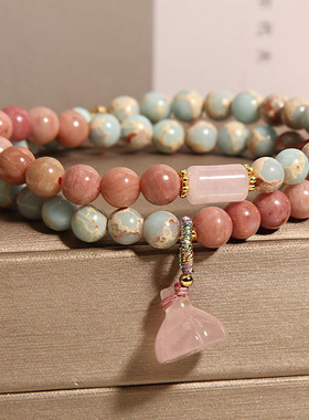 新中式寿山石双圈手链女轻奢小众精致级感莲蓬红纹石手串手饰品