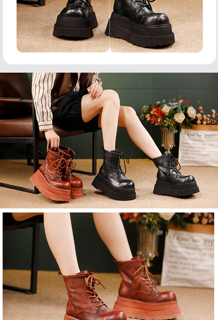 Boot Martin nữ cổ ngắn đế dày, da bò thật buộc dây — đen, nâu
