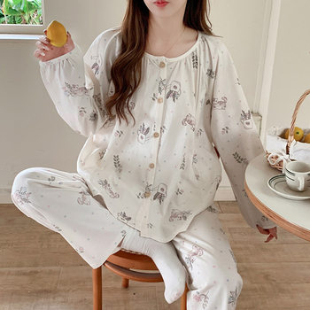2025 Postpartum Clothing Spring Pure Cotton Postpartum Maternity Pajamas Maternity Nursing Clothes Large Size Breastfeeding Loose Home Clothes for Women