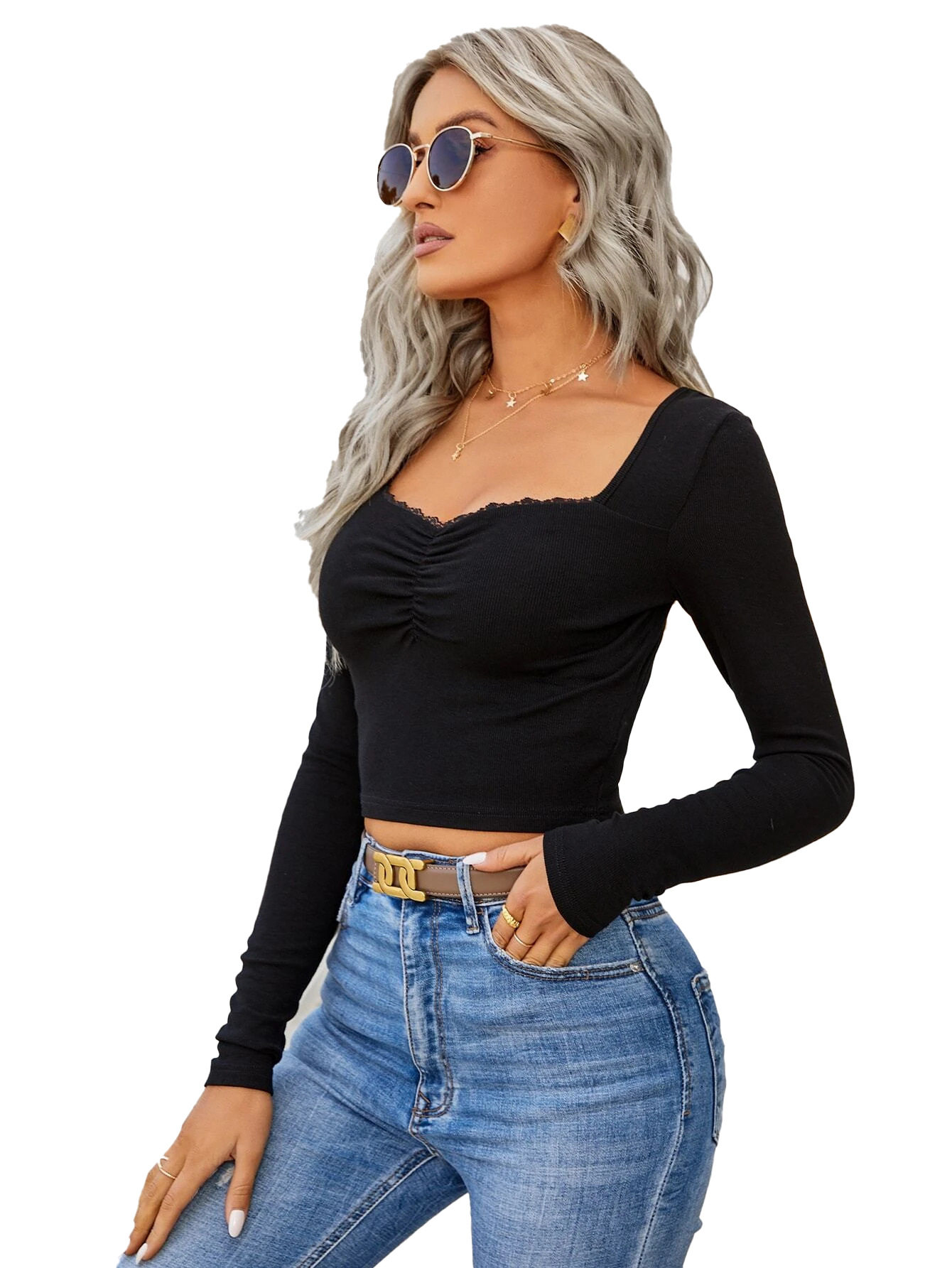 Womens Spring Summer Lace Square Neck Slim Fit Cropped Knit Long Sleeve Top Versatile Style for Casual Wear Wholesale