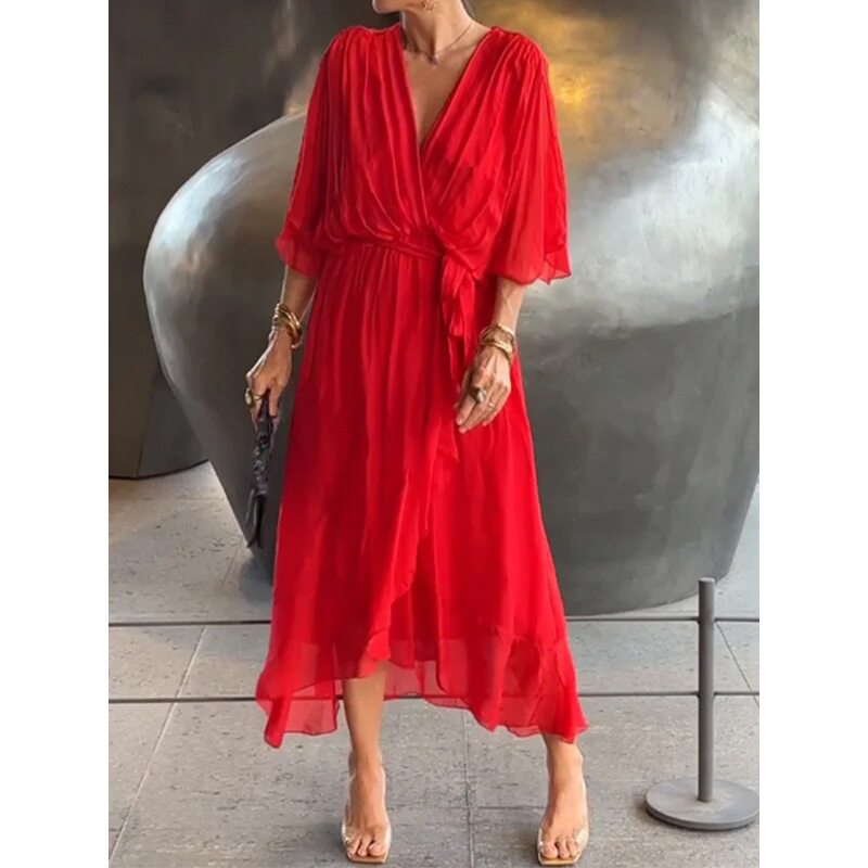 Batwing Sleeve Irregular Maxi Dress Solid Color Plus Size Elegant Design Perfect for Casual or Formal Occasions