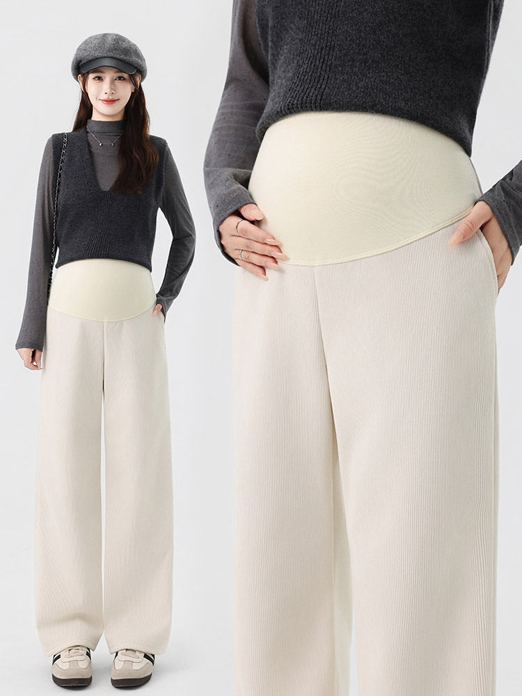 2025 New Maternity Pants for Autumn and Winter, Large Size, Fleece-Lined, Lamb Wool, Wide-Leg Pants, Non-Constricting, Long Pants, Maternity Wear