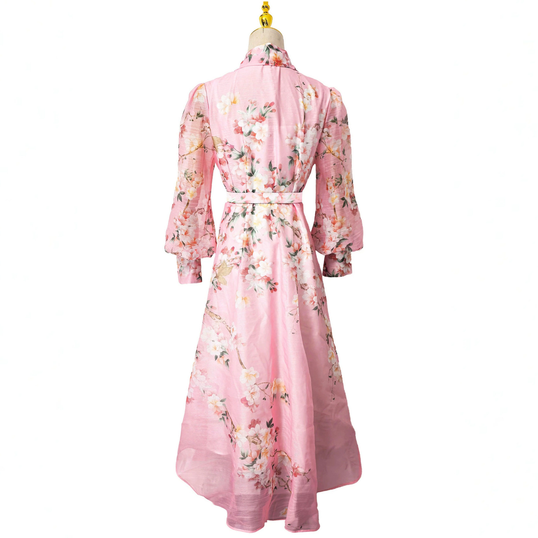 French Floral Print Long Sleeve A Line Dress Slim Fit Hollow Out Tie Waist Elegant Style Perfect for Office Wear