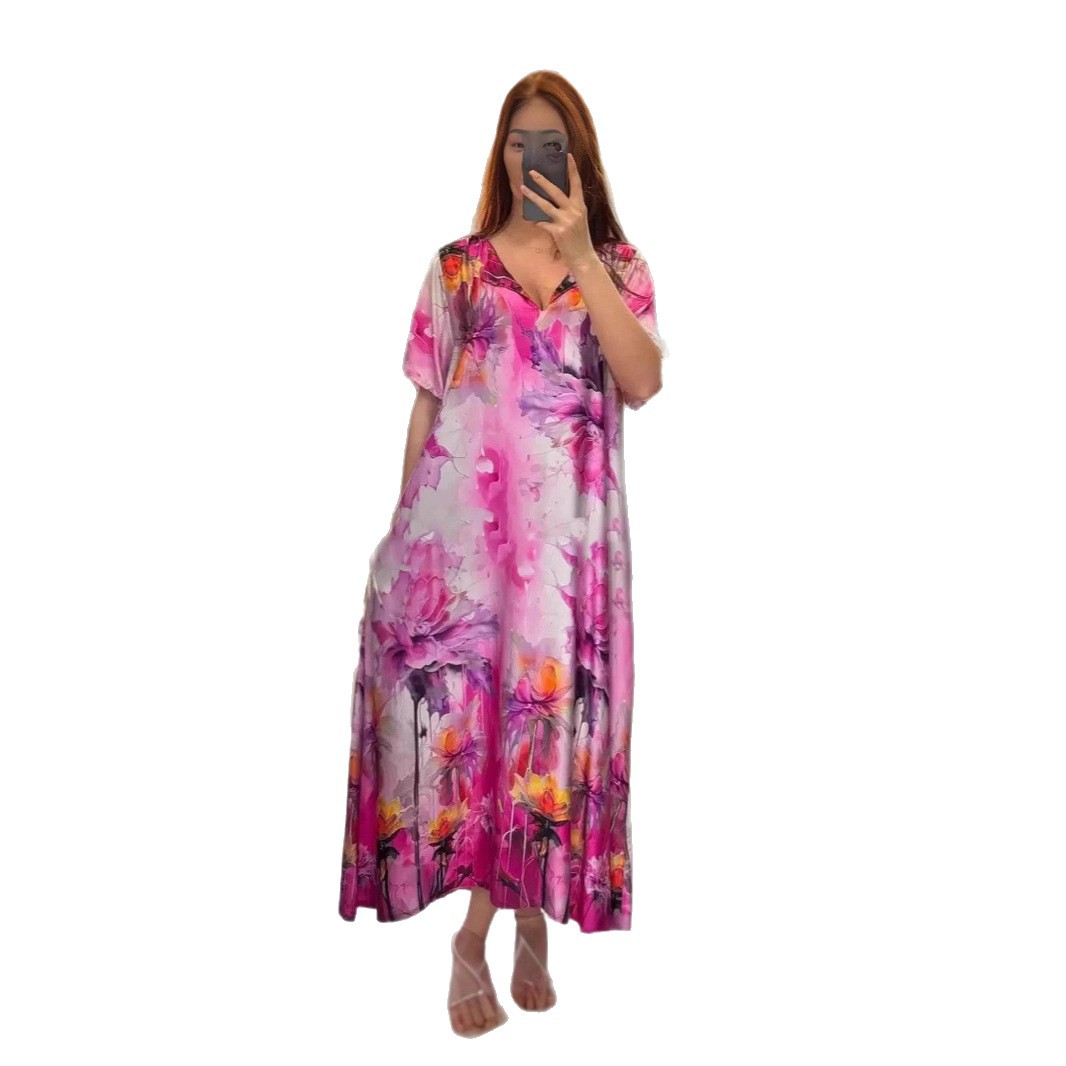 Summer Floral V Neck Maxi Dress for Women Casual Style Short Sleeves Lightweight Fabric Perfect for Vacations
