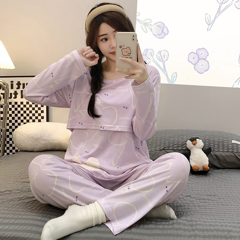 Autumn and winter New pregnant women's pajamas cute bear round neck nursing confinement clothes long sleeve homewear more than suit