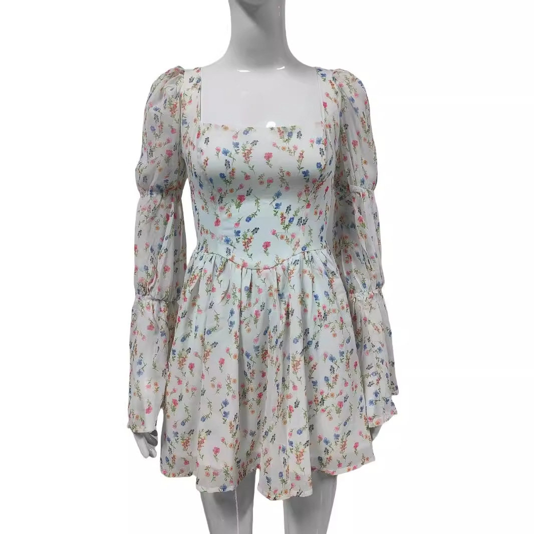 French Vintage Floral Puff Sleeve Dress Square Neck Autumn Collection Elegant Style Wholesale Available