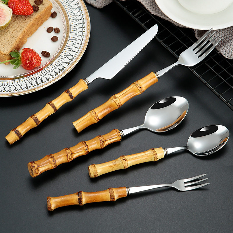 Cross-border stainless steel creative natural bamboo handle knife, fork and spoon vintage steak knife, fork and spoon Four-Piece Gift Set suit wholesale