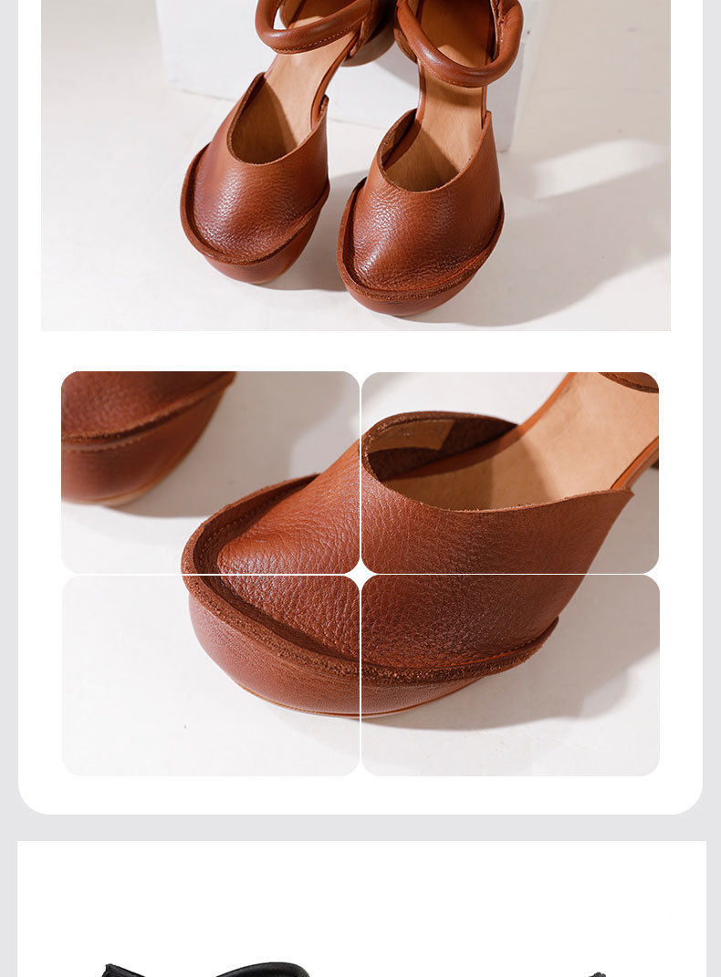 Giày sandal nữ quai ngang gót thô bọc mũi bằng da bò thật, đế mềm thủ công — Màu đen, Màu nâu