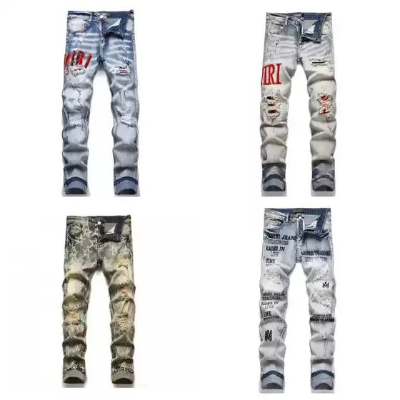 Foreign trade in-stock Amazon black and gray distressed ripped wild European and American style maple leaf ICON personalized new men's jeans
