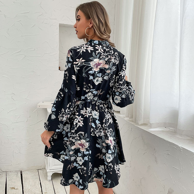 Vintage Black Long Sleeve Printed Dress for Women Autumn Winter Fashion Wholesale Available low MOQ