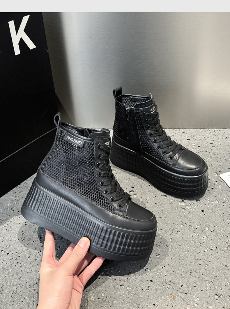 Giày sneaker nữ chunky đế dày trắng lưới thoáng mùa hè — Len tinh khiết, Đen chi tiết 16