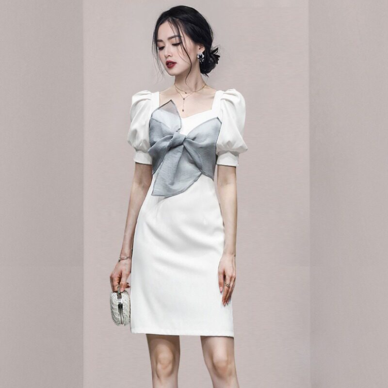 Đầm suông nữ midi tay ngắn cổ vuông chất polyester — Trắng, Đen chi tiết 6