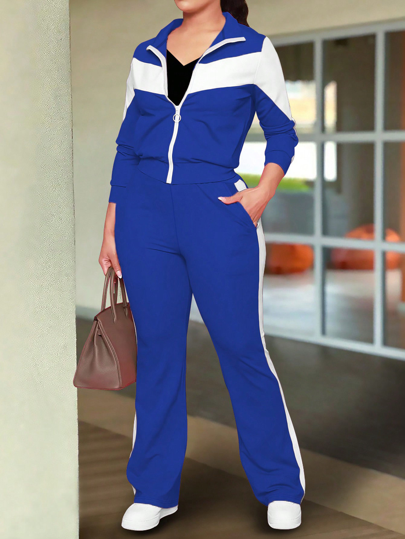 春秋爆款女士套装时尚舒适撞色运动风拉链外套和休闲长裤两件套