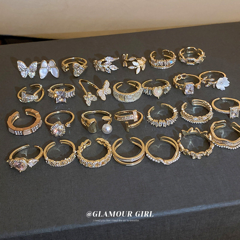 Real Gold Electroplated Zircon Diamond Opening Ring Light Luxury Niche Fashion Finger Ring Internet Celebrity All-match Jewelry Wholesale