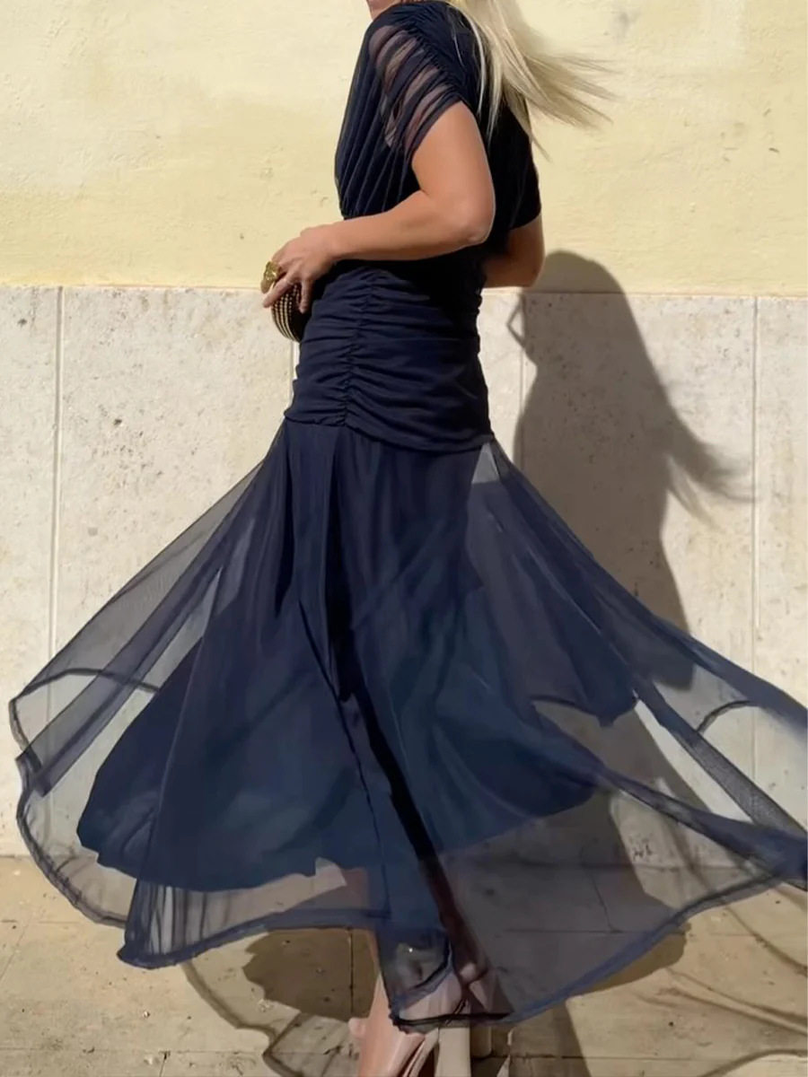 Elegant Womens Solid Color Deep V Neck Mesh Dress Waist Defined Autumn Style Wholesale Available