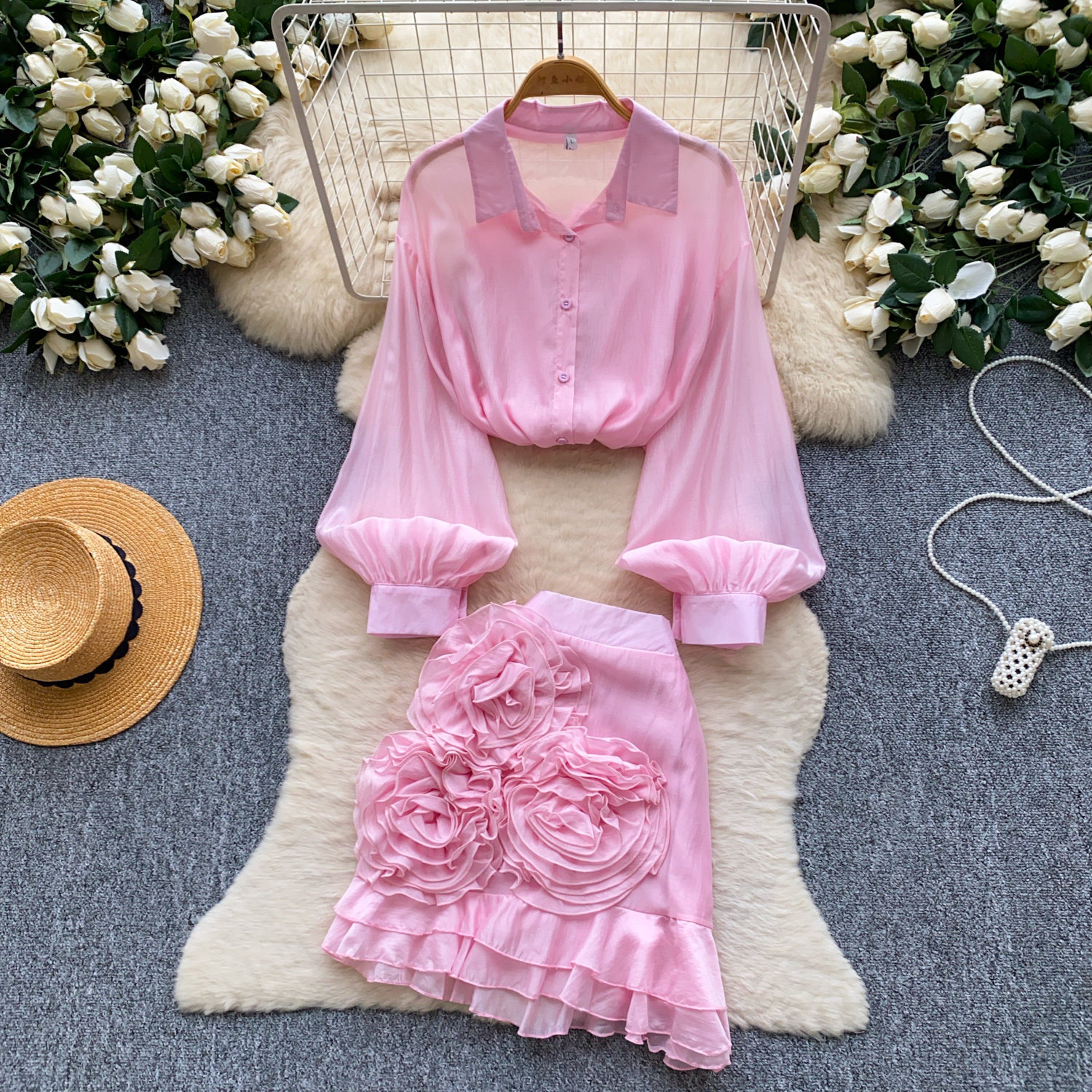 Pink Floral Two Piece Set Elegant Shirt and Skirt Sweet Style for Early Summer Wholesale Available