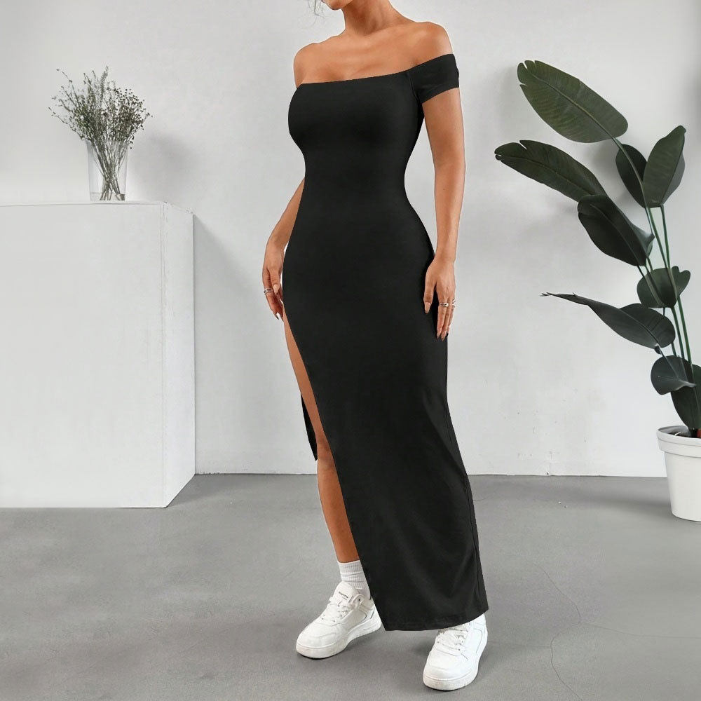 Elegant Black Off Shoulder Midi Dress Sexy Split Design Spring Summer Fashion Wholesale Available