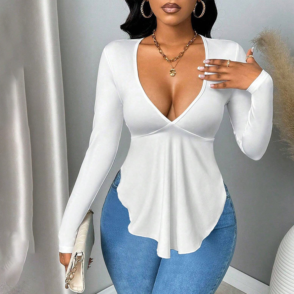 Womens Long Sleeve V Neck T Shirt Sexy Backless Design Slim Fit Elegant Style Spring Summer Collection Wholesale