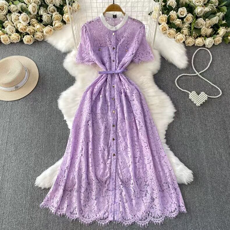Elegant French Style Womens Dress Summer Collection Slim Fit Single Breasted Lace Detailing Long Length