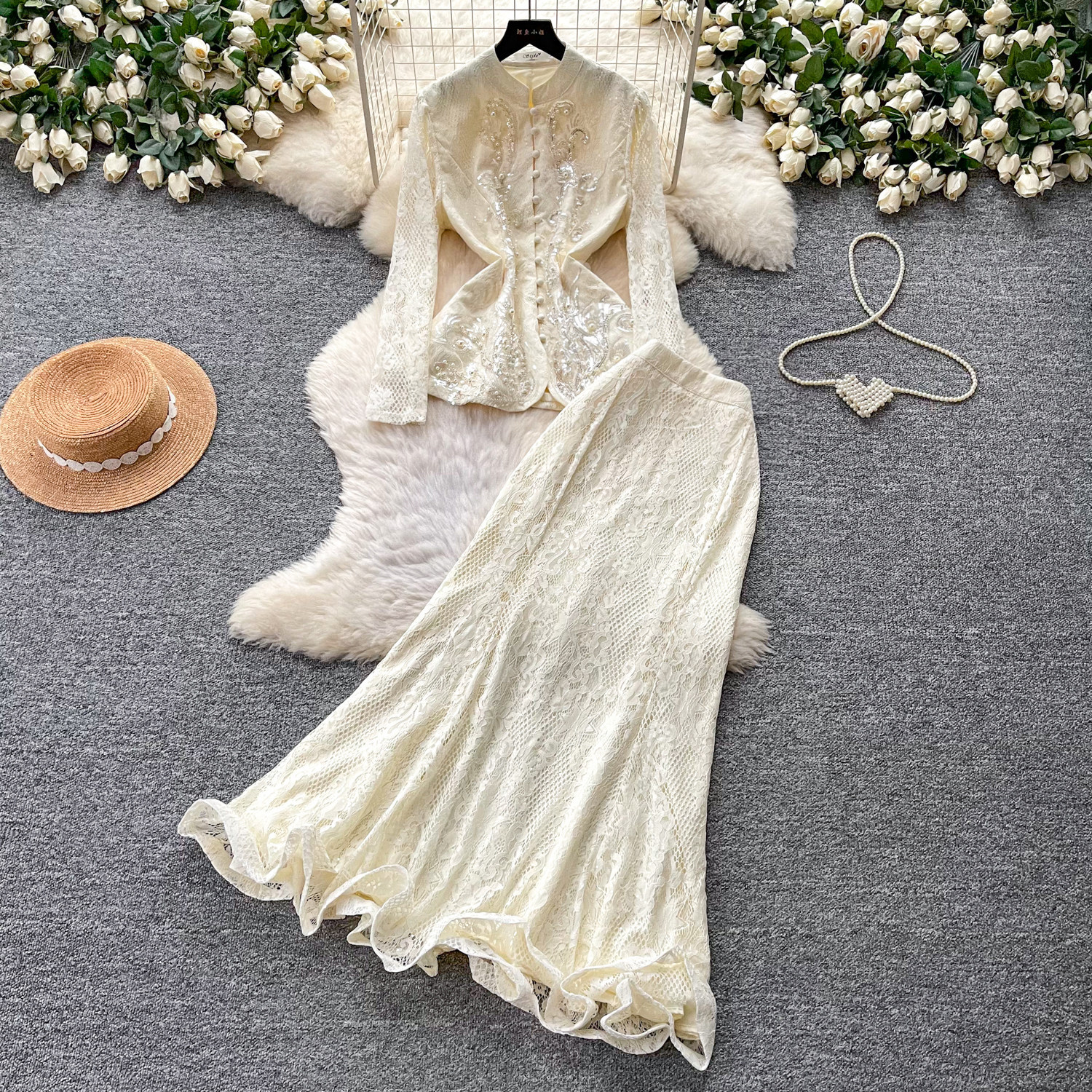 French Elegant Two Piece Set Beaded V Neck Lace Detail Hollow Out Design Spring Autumn Fashion Wholesale Available