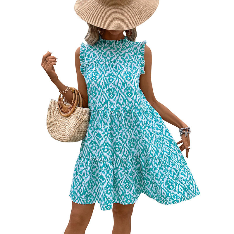 Elegant Abstract Print Sleeveless Midi Dress Summer Collection High Neck European Style Wholesale Available