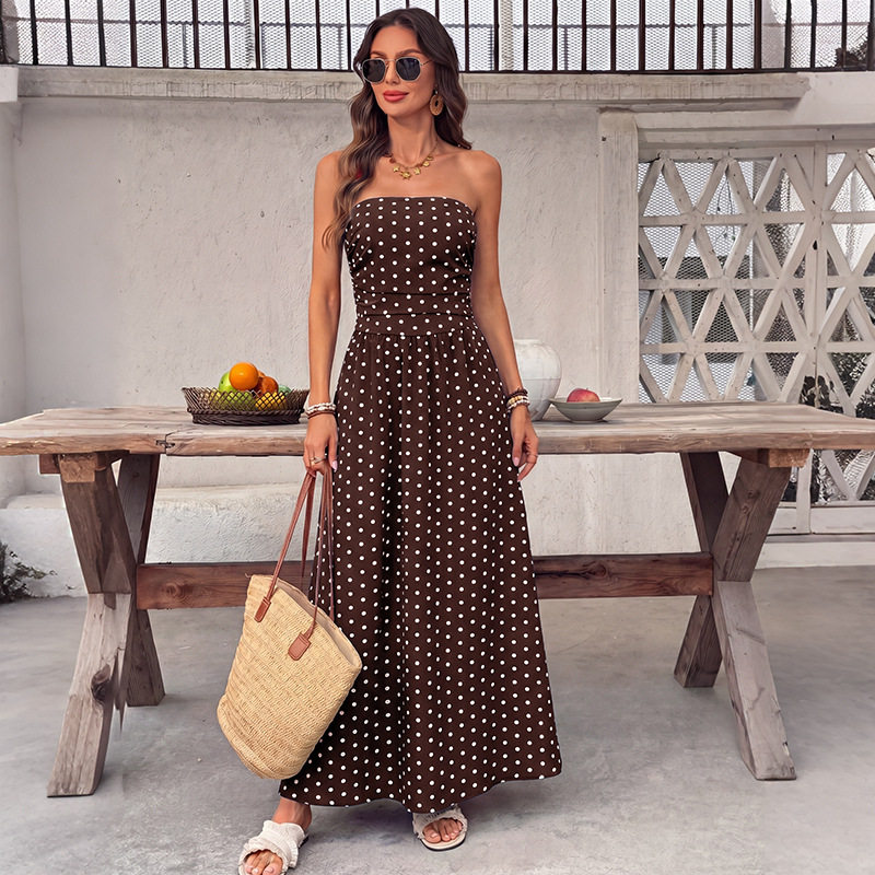 French Style Sleeveless Maxi Dress Polka Dot Design Elegant Vacation Wear Perfect for Summer Events Wholesale
