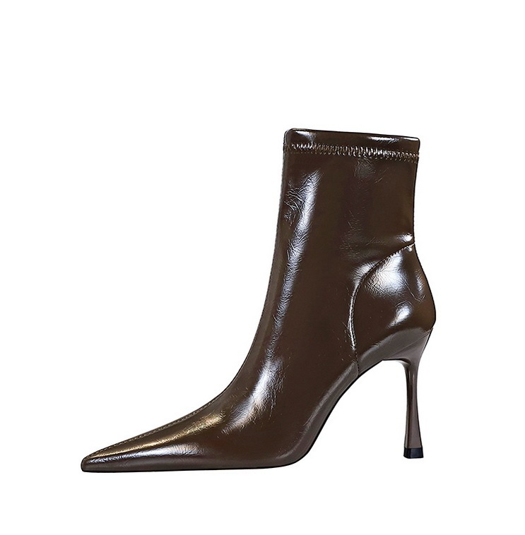 Boot nữ cổ thấp gót nhọn siêu cao mũi nhọn khóa kéo bên phong cách Âu Mỹ — Cà phê lót nhung, Cà phê lót trong, Đen lót một lớp, Màu đen lót nhung