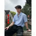 Short-sleeve linen shirt, light blue (white horse)
