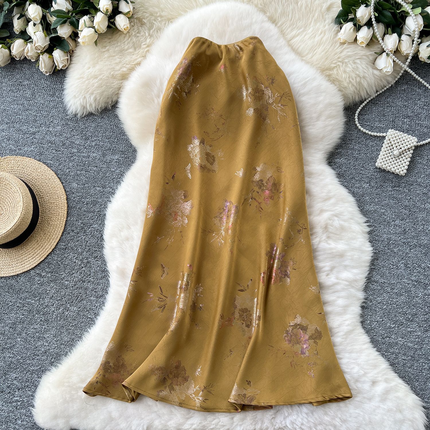 High Waist Mermaid Skirt for Women Satin Fabric Gold Foil Print Elegant Summer Style